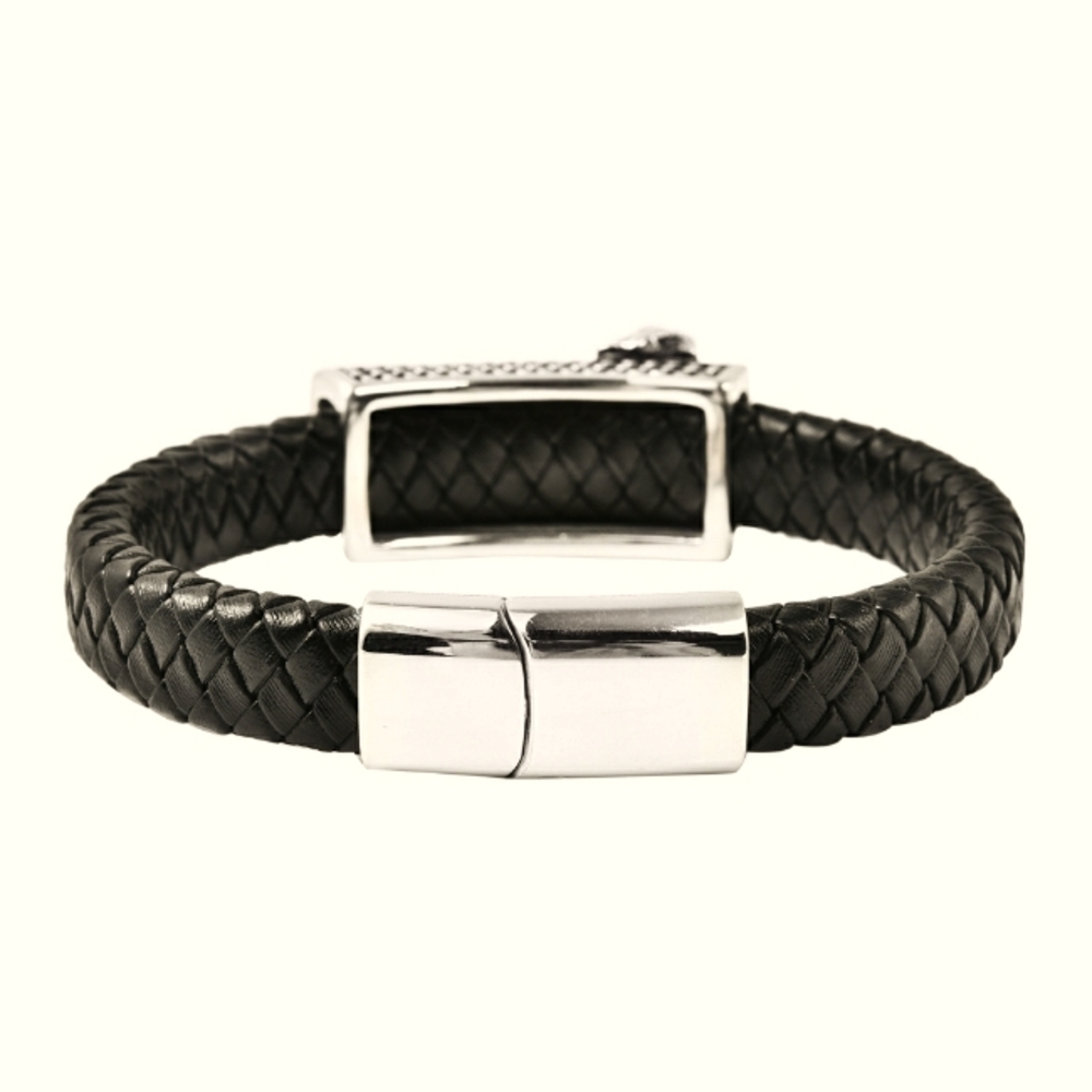 🔥SALE Genuine Leather Braided Dual Horse Bracelet in Black Oxidized Stainless - Picture 2 of 5